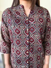 Coffee Ajrakh Shirt close up by MySanskritam