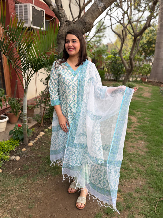 Light blue floral handblock Suit Set