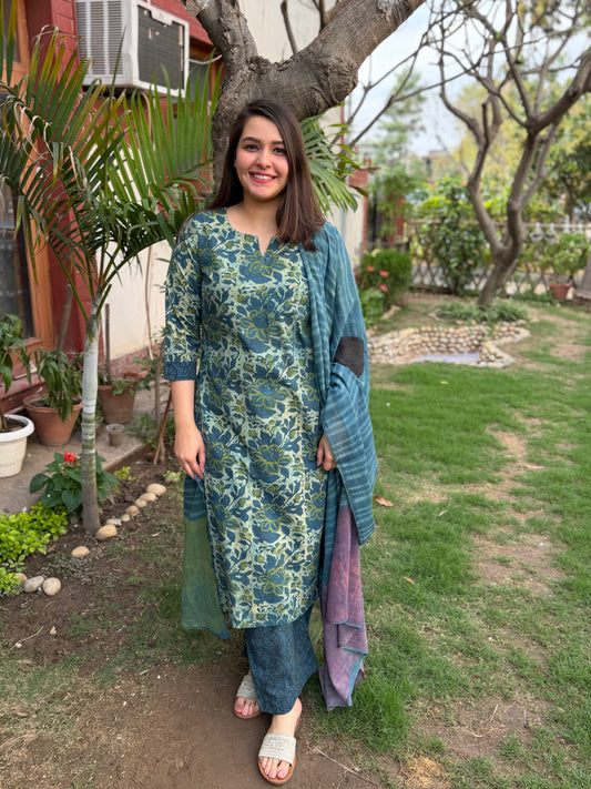 Indigo Mulmul full suit set with designer duppata