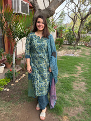 Indigo Mulmul full suit set with designer duppata