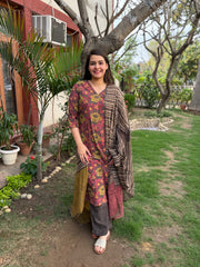 Brown floral suit set with designer duppata
