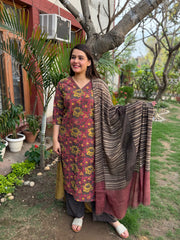 Brown floral suit set with designer duppata