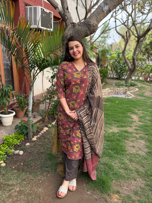 Brown floral suit set with designer duppata