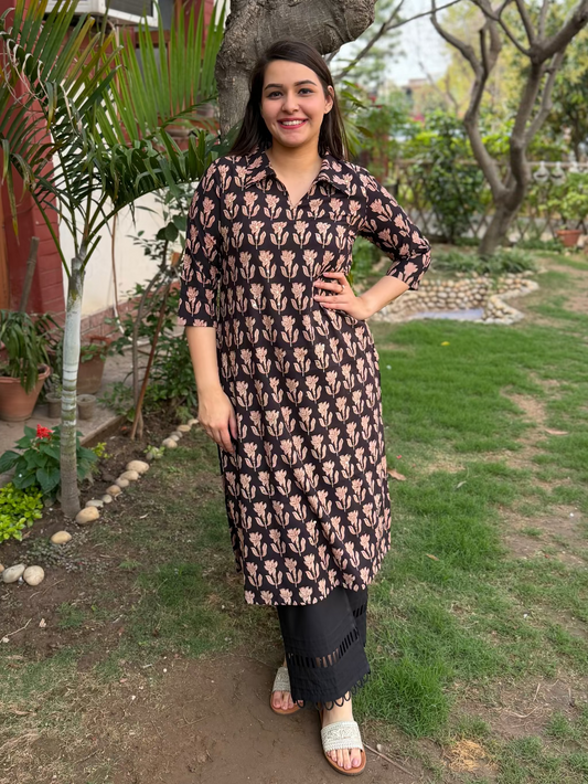 Black Bagru Collar Kurta by MySanskritam