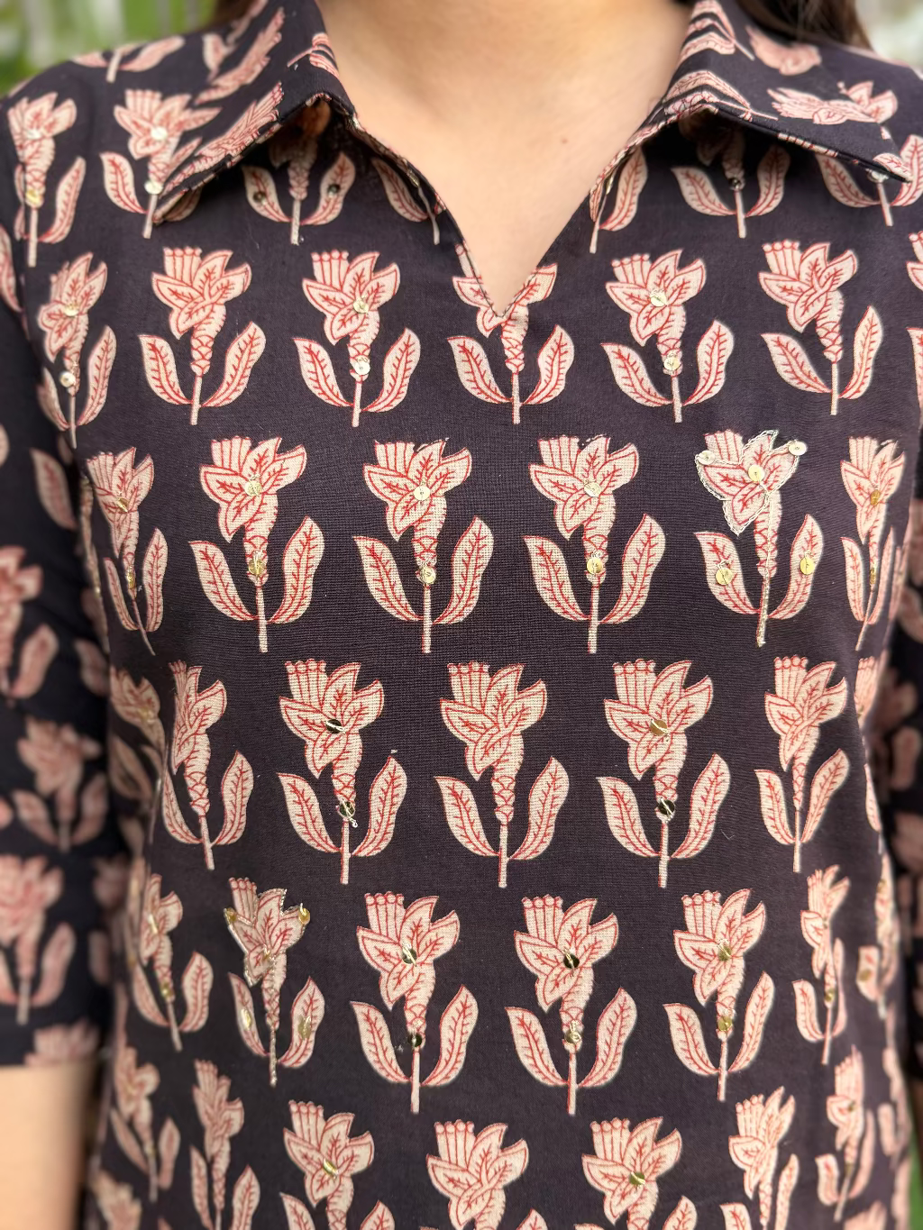 Black Bagru Collar Kurta close up by MySanskritam
