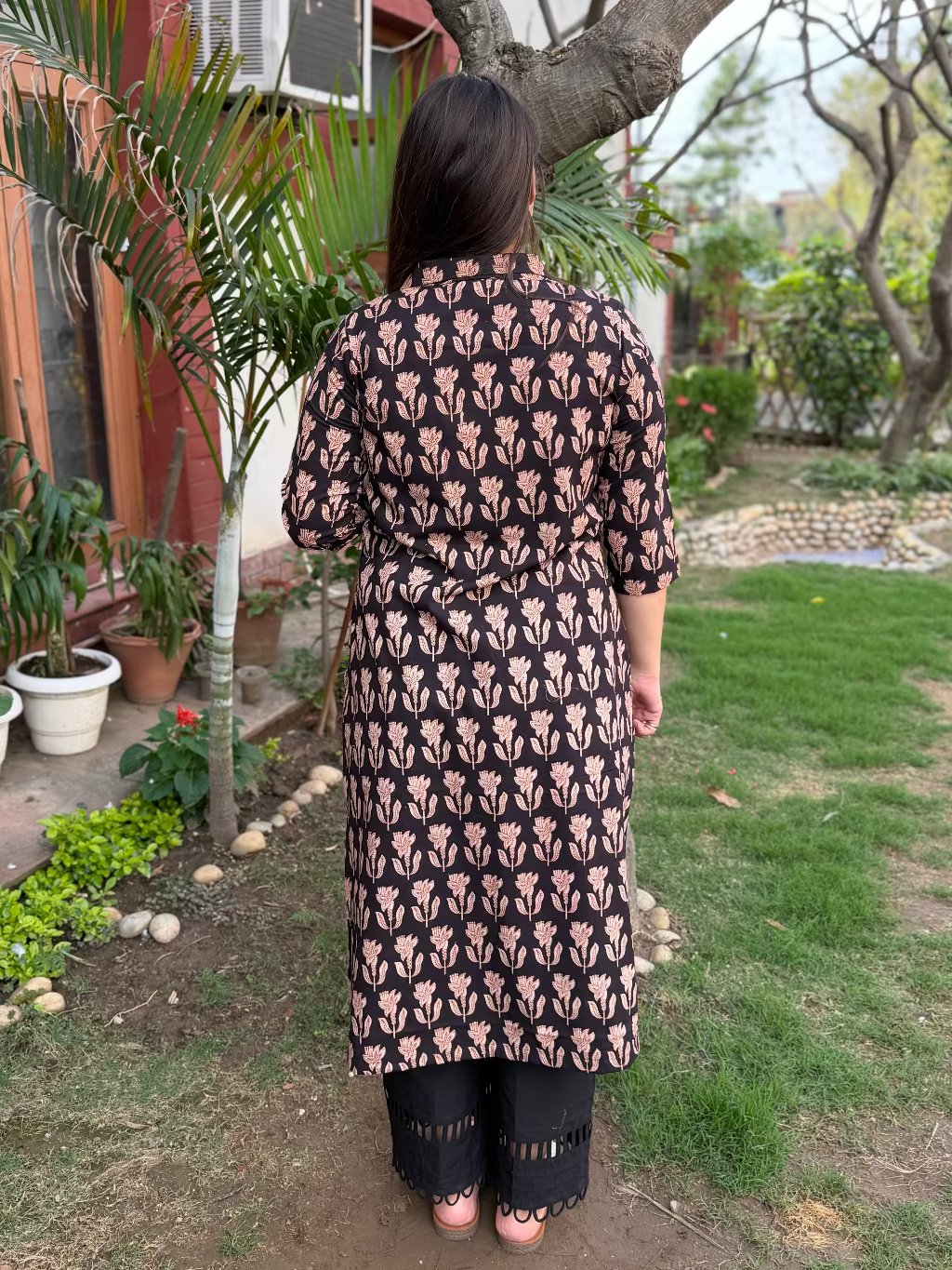 Black Bagru Collar Kurta from the back by MySanskritam