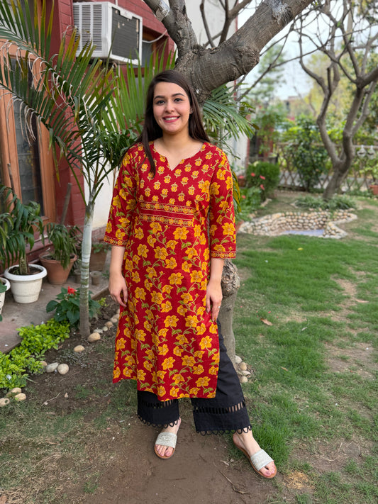 Orange-red Yoke kurta