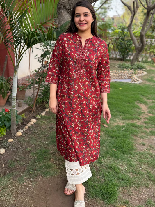 Maroon jaal pothli button kurta