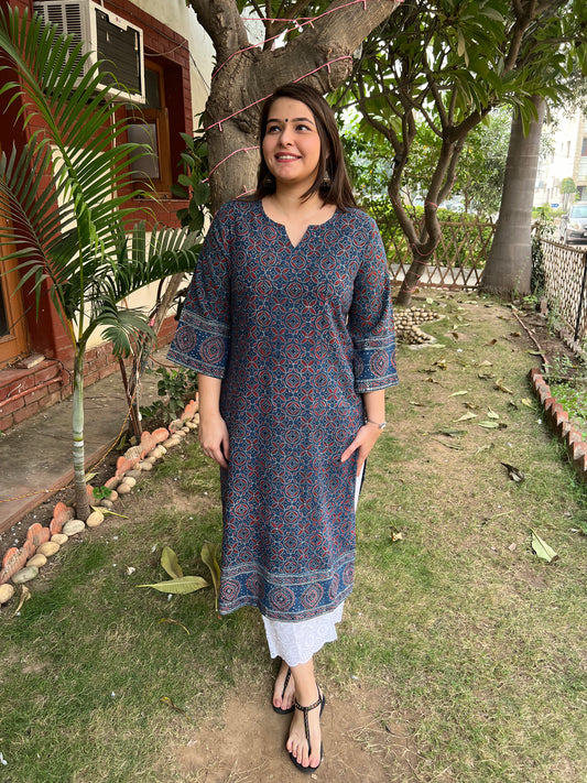 Indigo ajrakh amber kurta (umbrella sleeve)