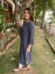 Indigo ajrakh amber kurta (umbrella sleeve)