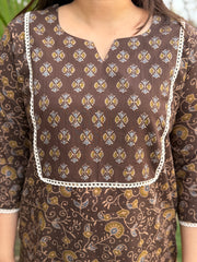 Brown kalamkari yoke kurta