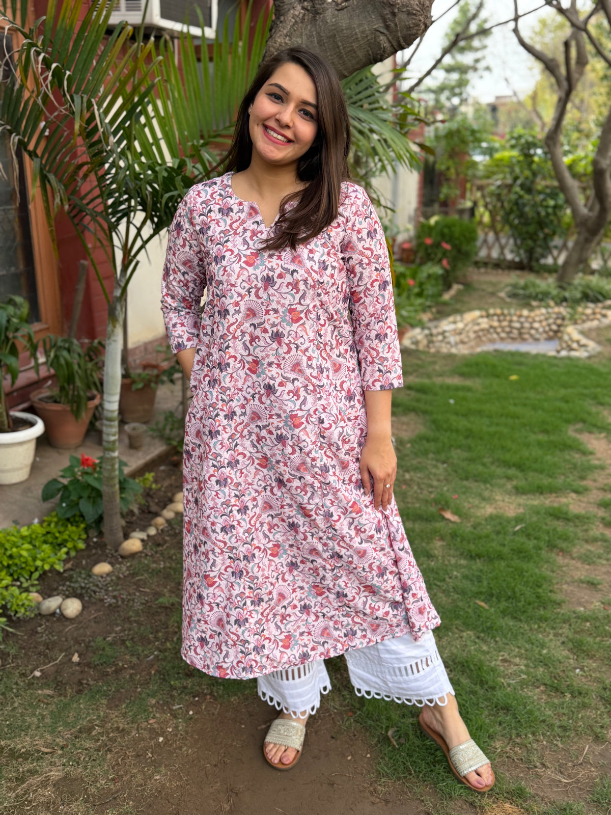 Soft pink embroidered floral aline kurta