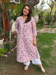 Soft pink embroidered floral aline kurta