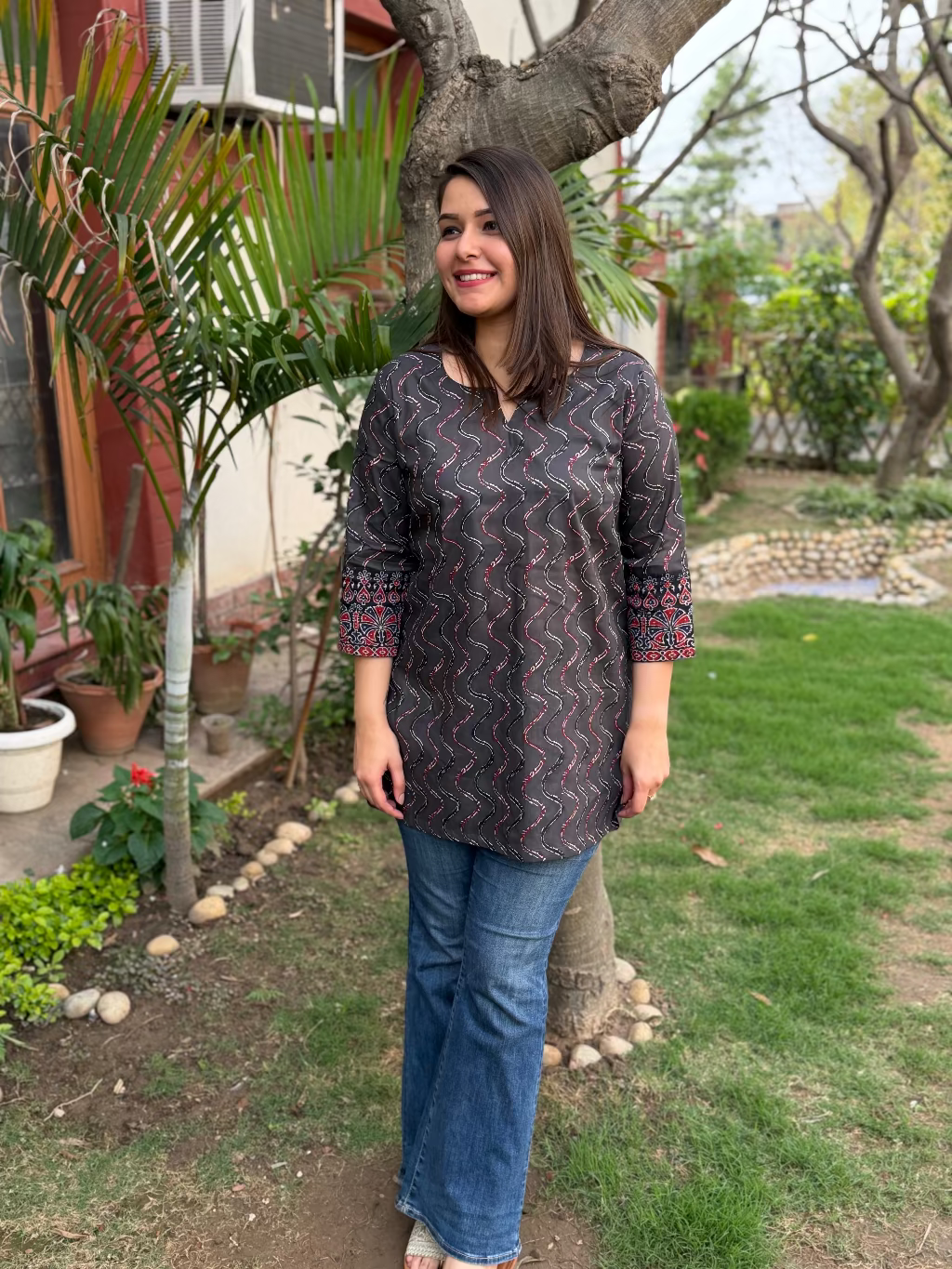 Grey Lehriya Short Kurti by MySanskritam