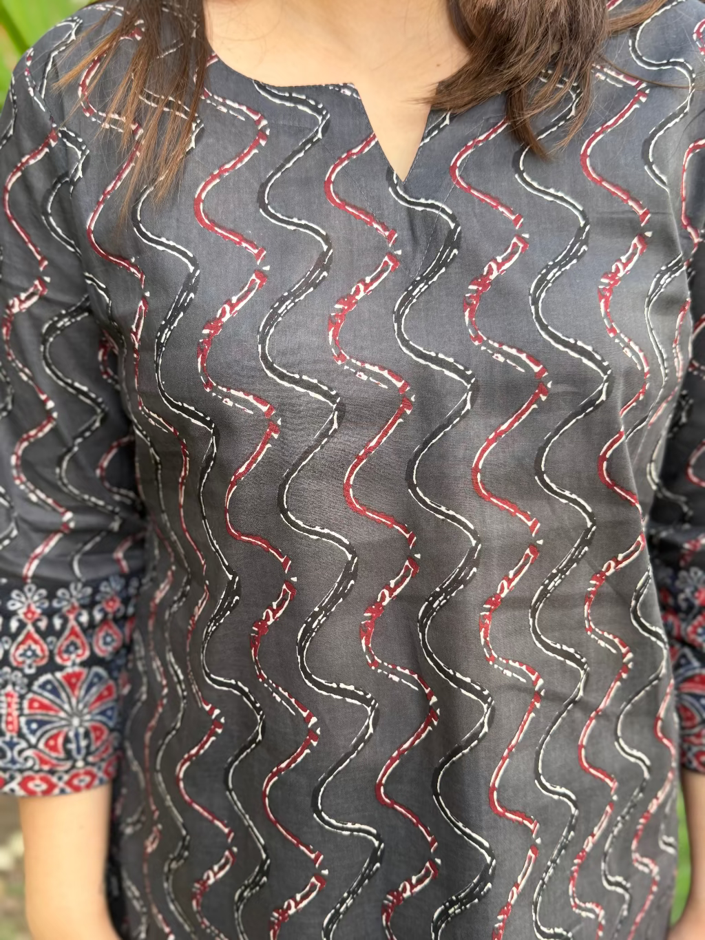 Grey Lehriya Short Kurti close up by MySanskritam