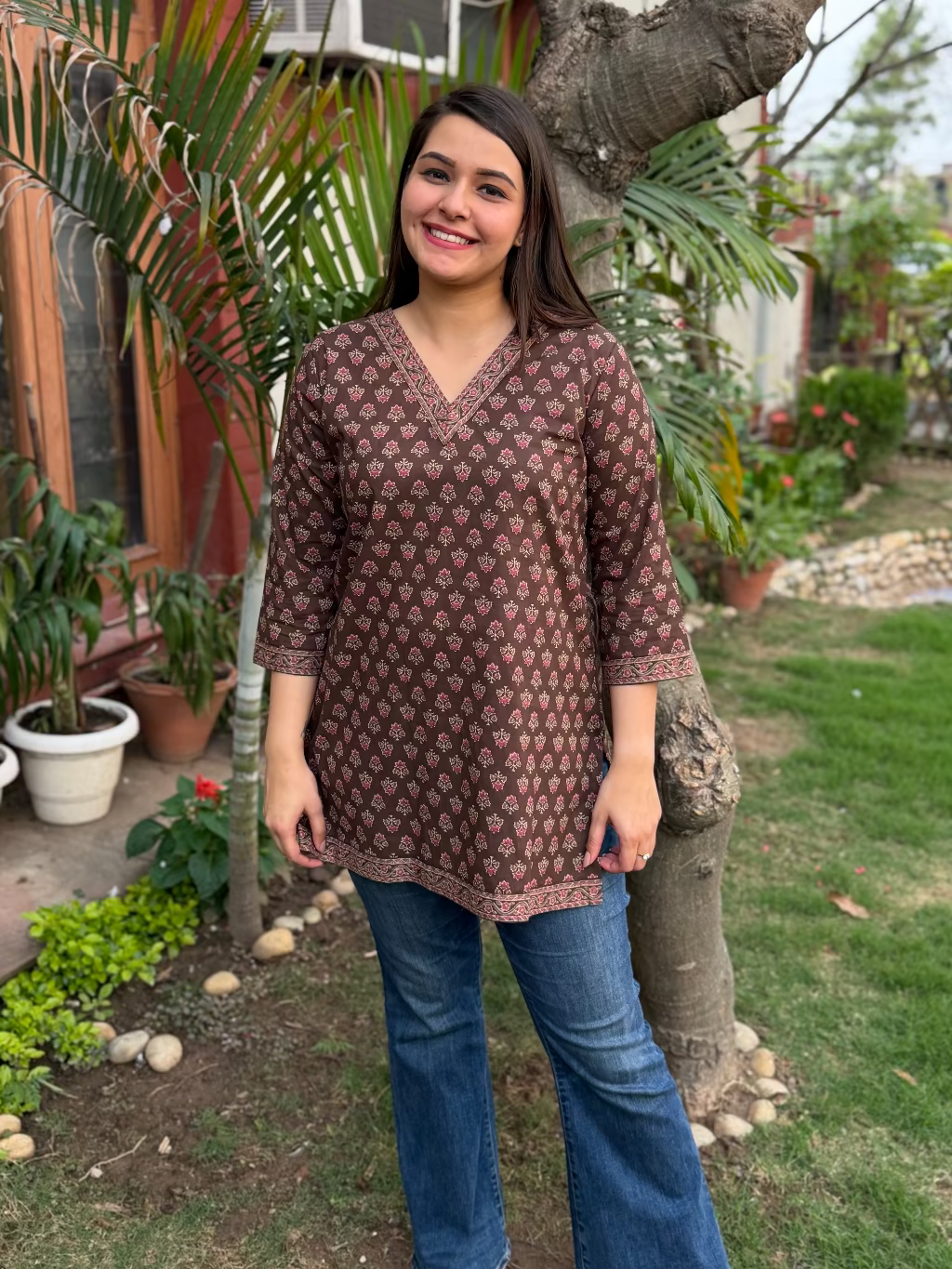 Brown Choti Buti Short Kurti by Sanskritam