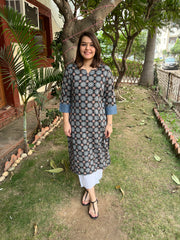 Navy Blue Floral Handblock Kurta