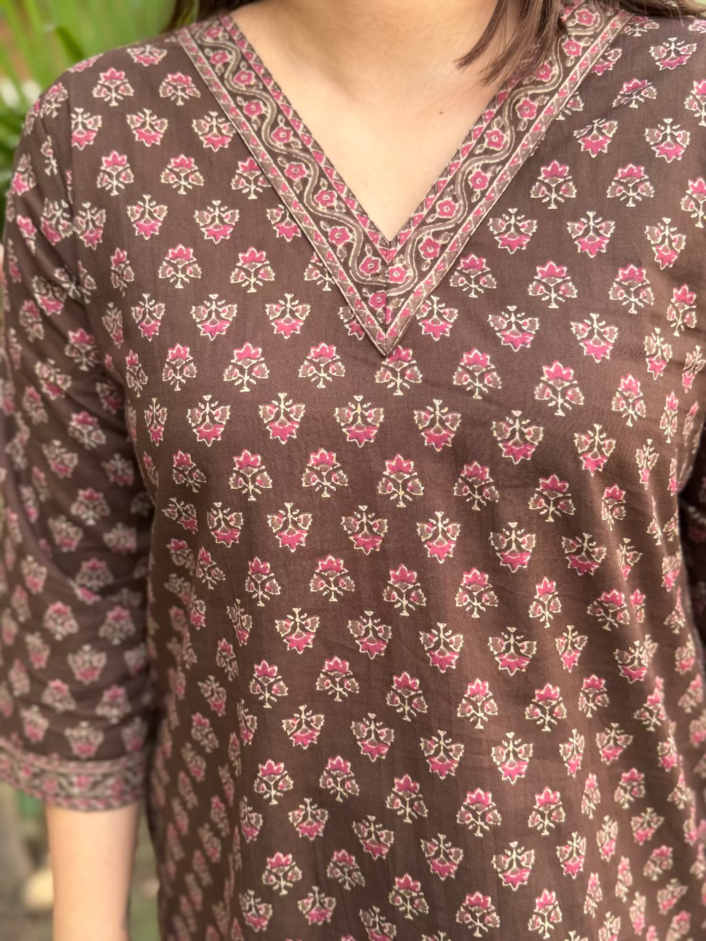 Brown Choti Buti Short Kurti close up by Sanskritam