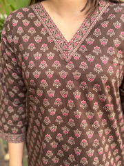 Brown Choti Buti Short Kurti close up by Sanskritam