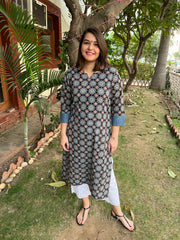 Navy Blue Floral Handblock Kurta