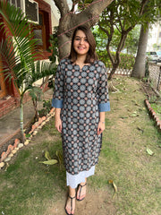 Navy Blue Floral Handblock Kurta