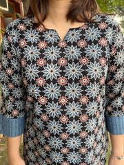Navy Blue Floral Handblock Kurta