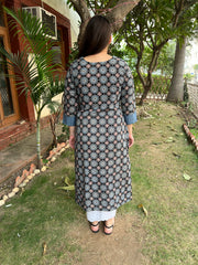 Navy Blue Floral Handblock Kurta