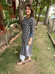 Navy Blue Floral Handblock Kurta