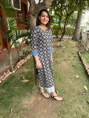 Navy Blue Floral Handblock Kurta