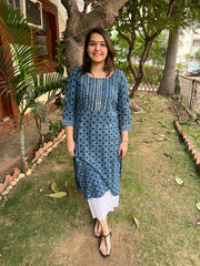 Indigo geometric ajrakh kurta with yoke