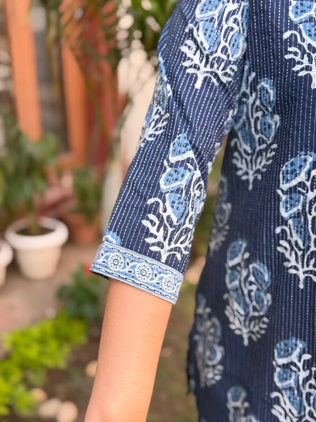 Indigo Kantha Buta Short Kurta sleeve detail by MySanskritam