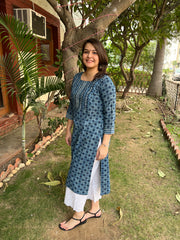 Indigo geometric ajrakh kurta with yoke