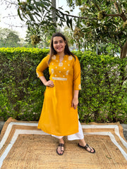 Mustard embroidered yoke kurta