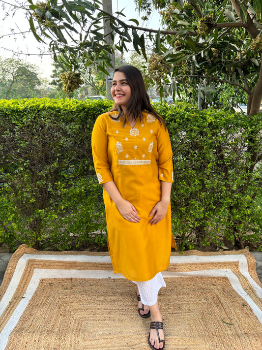 Mustard embroidered yoke kurta