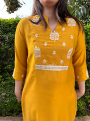 Mustard embroidered yoke kurta