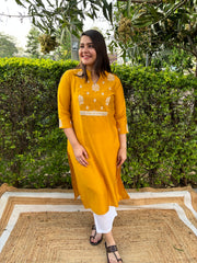 Mustard embroidered yoke kurta