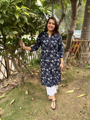 Dark Blue Leaf Button Kurta