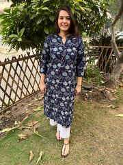 Dark Blue Leaf Button Kurta