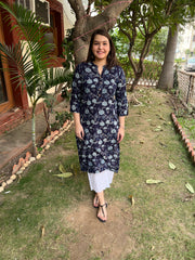 Dark Blue Leaf Button Kurta