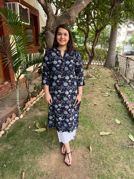 Dark Blue Leaf Button Kurta