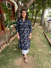 Dark Blue Leaf Button Kurta