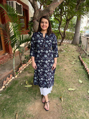 Dark Blue Leaf Button Kurta