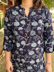 Dark Blue Leaf Button Kurta