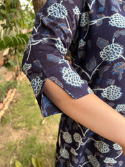 Dark Blue Leaf Button Kurta