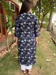 Dark Blue Leaf Button Kurta
