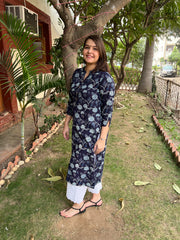 Dark Blue Leaf Button Kurta