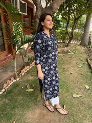 Dark Blue Leaf Button Kurta
