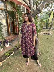 Purple Big flower Kurta with pocket