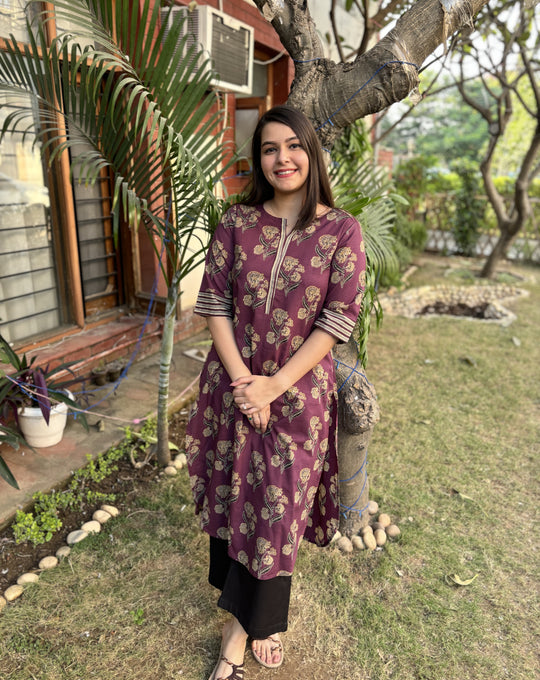 Purple Big flower Kurta with pocket