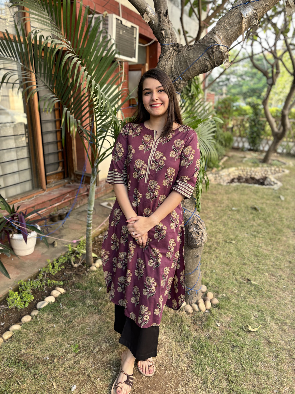 Purple Big flower Kurta with pocket